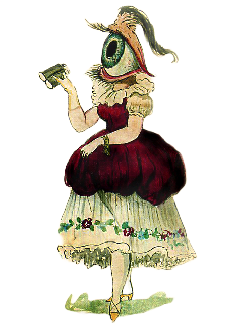 Figure with an eye for a head in a purple and white frilly dress gazing toward the left with binoculars in hand.