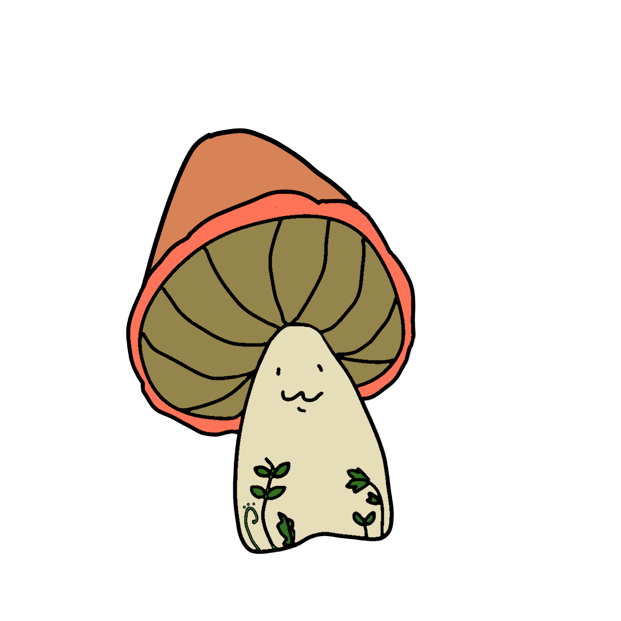 small mushroom fella with an orange cap and a few leaves growing on it.